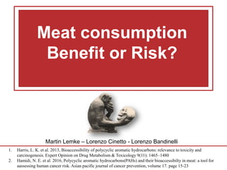 Martin Lemke – Lorenzo Cinetto - Lorenzo Bandinelli
Meat consumption
Benefit or Risk?
1. Harris, L. K. et al. 2013, Bioaccessibility of polycyclic aromatic hydrocarbons: relevance to toxicity and
carcinogenesis. Expert Opinion on Drug Metabolism & Toxicology 9(11): 1465–1480
2. Hamidi, N. E. et al. 2016, Polycyclic aromatic hydrocarbons(PAHs) and their bioaccessibilty in meat: a tool for
aassessing human cancer risk. Asian pacific journal of cancer prevention, volume 17. page 15-23
 