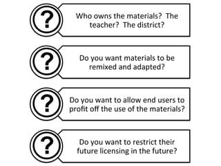 Who	
  owns	
  the	
  materials?	
  	
  The	
  
teacher?	
  	
  The	
  district?	
  

Do	
  you	
  want	
  materials	
  to	
  be	
  
remixed	
  and	
  adapted?	
  

Do	
  you	
  want	
  to	
  allow	
  end	
  users	
  to	
  
proﬁt	
  oﬀ	
  the	
  use	
  of	
  the	
  materials?	
  

Do	
  you	
  want	
  to	
  restrict	
  their	
  
future	
  licensing	
  in	
  the	
  future?	
  

 