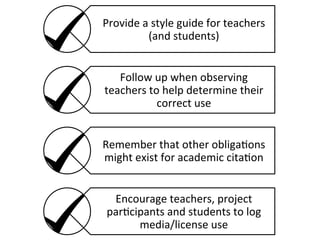 Provide	
  a	
  style	
  guide	
  for	
  teachers	
  
(and	
  students)	
  
Follow	
  up	
  when	
  observing	
  
teachers	
  to	
  help	
  determine	
  their	
  
correct	
  use	
  
Remember	
  that	
  other	
  obliga0ons	
  
might	
  exist	
  for	
  academic	
  cita0on	
  
Encourage	
  teachers,	
  project	
  
par0cipants	
  and	
  students	
  to	
  log	
  
media/license	
  use	
  

 