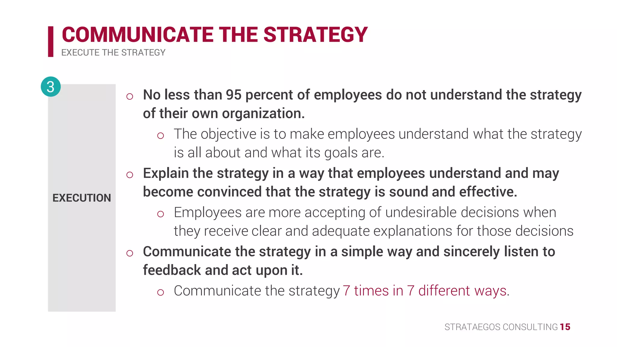 STRATAEGOS CONSULTING 15
COMMUNICATE THE STRATEGY
EXECUTE THE STRATEGY
EXECUTION
3 • No less than 95 percent of employees do not understand the strategy
of their own organization.
o The objective is to make employees understand what the strategy
is all about and what its goals are.
• Explain the strategy in a way that employees understand and may
become convinced that the strategy is sound and effective.
o Employees are more accepting of undesirable decisions when
they receive clear and adequate explanations for those decisions.
• Communicate the strategy in a simple way and sincerely listen to
feedback and act upon it.
o Communicate the strategy 7 times in 7 different ways.
 