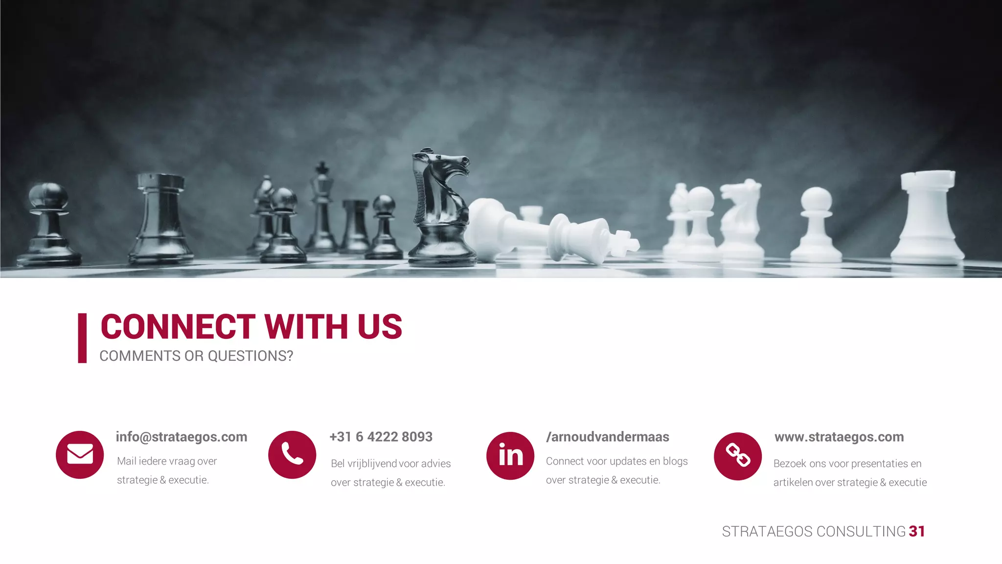 STRATAEGOS CONSULTING 31
CONNECT WITH US
FOR LEADING EDGE KNOWLEDGE ON STRATEGY & EXECUTION.
/arnoudvandermaas
Connect with me for posts on
strategy & execution.
/arnoudvandermaas
Follow me for presentations on
strategy & execution.
/arnoudvdmaas
Follow me for blogs on
strategy & execution
Connect with me to discuss
strategy & execution.
arnoudvandermaas
 