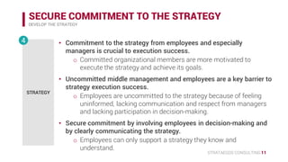 STRATAEGOS CONSULTING 11
SECURE COMMITMENT TO THE STRATEGY
DEVELOP THE STRATEGY
STRATEGY
4 • Commitment to the strategy from employees and especially
managers is crucial in strategy execution.
o Committed organizational members are more motivated to
execute the strategy and achieve its goals.
• Uncommitted middle management and employees are a key barrier to
strategy execution success.
o Employees are uncommitted to the strategy because of feeling
uninformed, lacking communication and respect from managers
and lacking participation in decision-making.
• Secure commitment by involving employees in decision-making and
by clearly communicating the strategy.
o Employees can only support a strategy they know and
understand.
 
