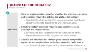 STRATAEGOS CONSULTING 14
TRANSLATE THE STRATEGY
EXECUTE THE STRATEGY
EXECUTION
2 • Write an implementation plan that specifies the objectives, activities
and processes required to achieve the goals of the strategy.
o Translate the strategic objectives into measurable operational
objectives linked to departmental and individual goals.
• Effective strategy execution requires clear objectives, tasks,
activities and responsibilities.
o By allocating clear responsibilities for the execution of the
implementation activities, progress can be controlled.
• Specific and ambitious but realistic goals that are accepted by
organizational members lead to the best execution performance.
o Involving employees in goal setting increases their acceptance.
 