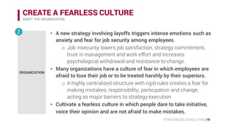STRATAEGOS CONSULTING 19
CREATE A FEARLESS CULTURE
ADAPT THE ORGANIZATION
ORGANIZATION
2 • A new strategy involving layoffs triggers intense emotions such as
anxiety and fear for job security among employees.
o Job insecurity lowers job satisfaction, strategy commitment,
trust in management and work effort and increases
psychological withdrawal and resistance to change.
• Many organizations have a culture of fear in which employees are
afraid to lose their job or to be treated harshly by their superiors.
o A highly centralized structure with rigid rules creates a fear for
making mistakes, responsibility, participation and change.
• Cultivate a fearless culture in which people dare to take initiative,
voice their opinion and are not afraid to make mistakes.
 