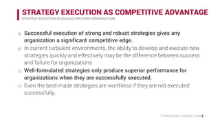 STRATAEGOS CONSULTING 2
STRATEGY EXECUTION AS COMPETITIVE ADVANTAGE
STRATEGY EXECUTION IS CRUCIAL FOR EVERY ORGANIZATION
o Successful execution of strong and robust strategies gives any
organization a significant competitive edge.
o In current turbulent environments, the ability to develop and execute
new strategies quickly and effectively may be the difference between
success and failure for organizations.
o Well-formulated strategies only produce superior performance for
organizations when they are successfully executed.
o Even the best-made strategies are worthless if they are not executed
successfully.
 