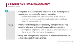 STRATAEGOS CONSULTING 22
APPOINT SKILLED MANAGEMENT
MOBILIZE THE PEOPLE
PEOPLE
1 • Competent management and employees is the most important
requirement for successful strategy execution.
o When employees have little confidence in the ability of
management to execute the strategy then their strategy
commitment will be low.
• Incompetent colleagues and especially managers have a very
negative influence on the performance of team members.
o Competent employees tend to leave an organization when they
have to work for incompetent managers.
• Hiring new managers and employees is one of the best ways to
achieve (radical) strategic change.
 