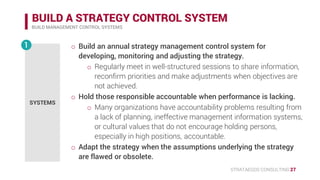 STRATAEGOS CONSULTING 27
BUILD A STRATEGY CONTROL SYSTEM
BUILD MANAGEMENT CONTROL SYSTEMS
SYSTEMS
1 • Build an annual strategy management control system for
developing, monitoring and adjusting the strategy.
o Regularly meet in well-structured sessions to share information,
reconfirm priorities and adjust the strategy or execution.
• Hold those responsible accountable when performance is lacking.
o Many organizations have accountability problems resulting from
a lack of planning, ineffective management information systems,
or cultural values that do not encourage holding persons,
especially in high positions, accountable.
• Adapt the strategy when the assumptions underlying the strategy
are flawed or obsolete.
 