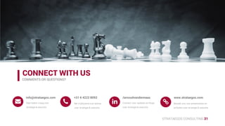 STRATAEGOS CONSULTING 31
CONNECT WITH US
FOR LEADING EDGE KNOWLEDGE ON STRATEGY & EXECUTION.
/arnoudvandermaas
Connect with me for posts on
strategy & execution.
/arnoudvandermaas
Follow me for presentations on
strategy & execution.
/arnoudvdmaas
Follow me for blogs on
strategy & execution
Connect with me to discuss
strategy & execution.
arnoudvandermaas
 