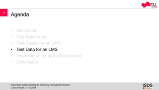 Agenda
• Motivation
• Test Automation
• Test Cases for an LMS
• Test Data for an LMS
• Implementation and Infrastructure
•...