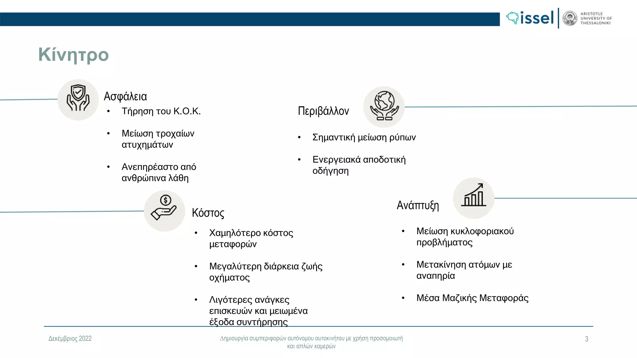Δεκέμβριος 2022 ∆ημιουργία συμπεριφορών αυτόνομου αυτοκινήτου με χρήση προσομοιωτή
και απλών καμερών
3
Ασφάλεια
Κόστος
Περιβάλλον
Ανάπτυξη
• Τήρηση του Κ.Ο.Κ.
• Μείωση τροχαίων
ατυχημάτων
• Ανεπηρέαστο από
ανθρώπινα λάθη
• Χαμηλότερο κόστος
μεταφορών
• Μεγαλύτερη διάρκεια ζωής
οχήματος
• Λιγότερες ανάγκες
επισκευών και μειωμένα
έξοδα συντήρησης
• Μείωση κυκλοφοριακού
προβλήματος
• Μετακίνηση ατόμων με
αναπηρία
• Μέσα Μαζικής Μεταφοράς
• Σημαντική μείωση ρύπων
• Ενεργειακά αποδοτική
οδήγηση
Κίνητρο
 