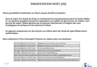 GESTION ACTIVE DES EXPOSITIONS : INTERETLa gestion moderne se doit d’être pro-réactive et les expositions aux risques de marchés flexibles:Le Modèle d’Allocation Technique et Comportementale ‘MATC’,  fixe quantitativement les expositions et régule quotidiennement les expositions aux différents marchés par des instruments financiers à terme. 