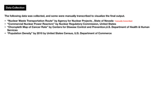 Data Collection
The following data was collected, and some were manually transcribed to visualize the ﬁnal output.
• “Nuclear Waste Transportation Route” by Agency for Nuclear Projects , State of Nevada
• “Commercial Nuclear Power Reactors” by Nuclear Regulatory Commission, United States
• “Choropleth Map of Cancer Rate” by Centers for Disease Control and Prevention,U.S. Department of Health & Human
Services
• “Population Density” by 2010 by United States Census, U.S. Department of Commerce
*manually transcribed
 