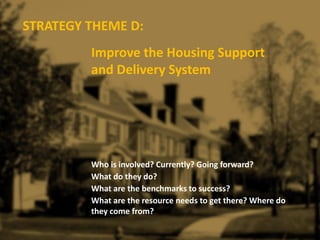 STRATEGY THEME D:
Improve the Housing Support
and Delivery System
Who is involved? Currently? Going forward?
What do they do?
What are the benchmarks to success?
What are the resource needs to get there? Where do
they come from?
 