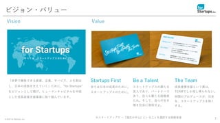 © 2021 for Startups, Inc. 7
ビジョン・バリュー
「世界で勝負できる産業、企業、サービス、人を創出
し、日本の成長を支えていく」ために、”for Startups”
をビジョンとして掲げ、ヒューマンキャピタルを中核
とした成長産業支援事業に取り組んでいます。
Startups First
全ては日本の成長のために。
スタートアップスのために。
Be a Talent
スタートアップスの最たる
友人であり、パートナーで
あり、自らも最たる挑戦者
たれ。そして、自らの生き
様を社会に発信せよ。
The Team
成長産業支援という業は、
TEAMでしか成し得られない。
仲間のプロデュースが、日本
を、スタートアップスを熱く
する。
※スタートアップス ＝『進化の中心』にいることを選択する挑戦者達
Vision Value
 