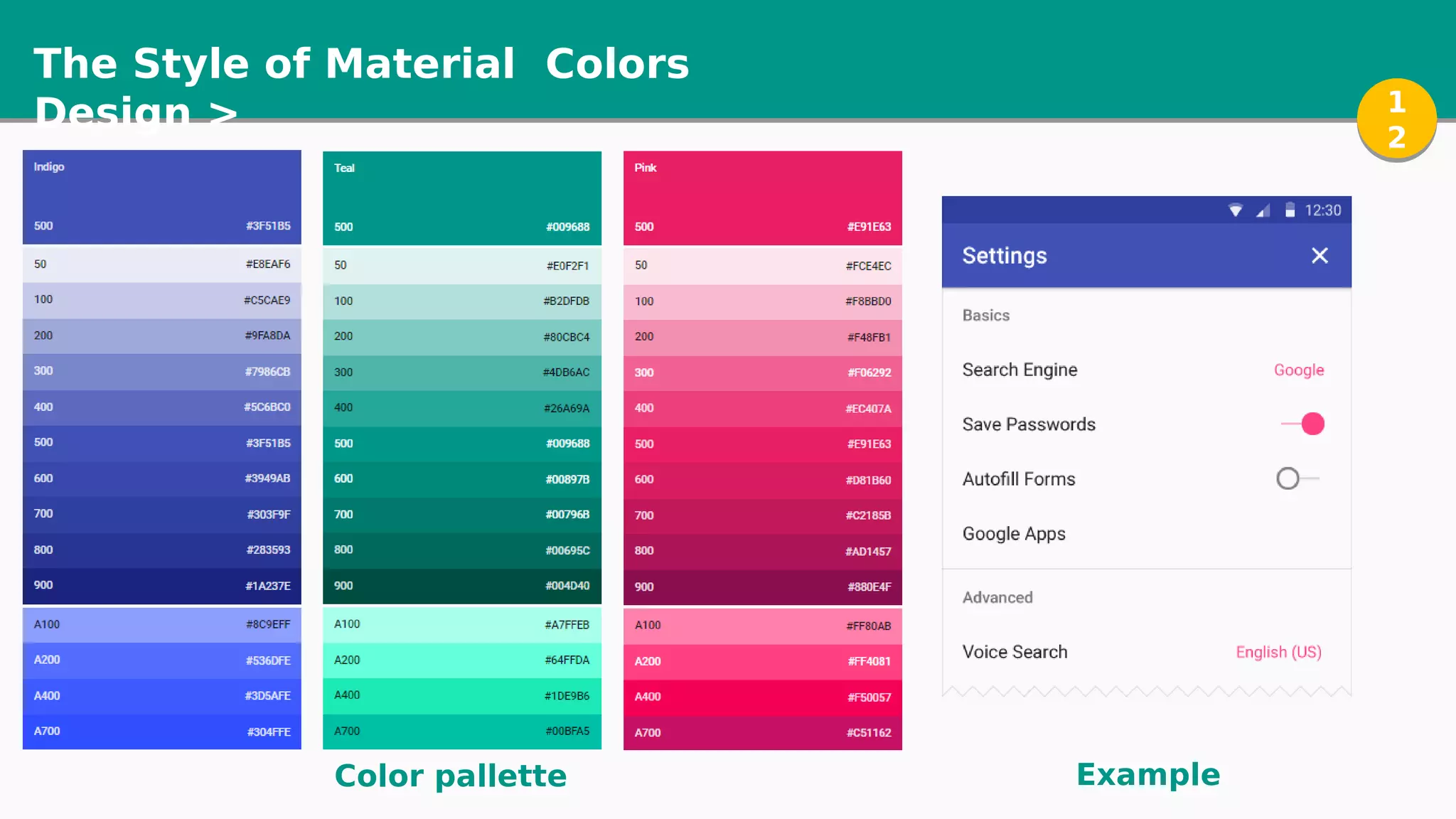 The Style of Material
Design >
Colors
1
2
1
2
Color pallette Example
 