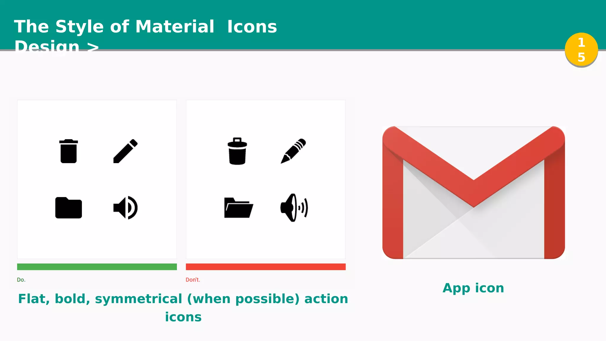 The Style of Material
Design >
Icons
1
5
1
5
Flat, bold, symmetrical (when possible) action
icons
App icon
 