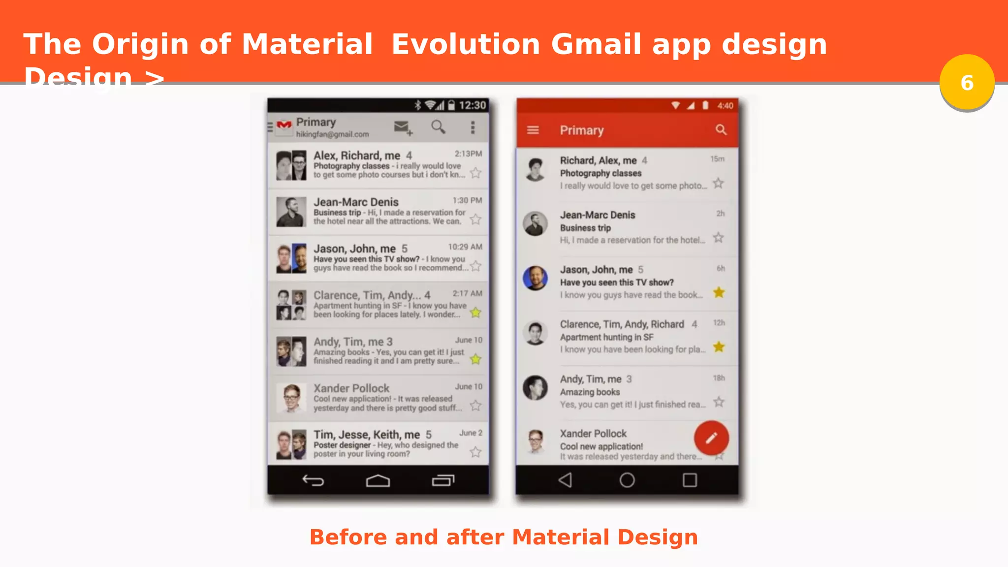 The Origin of Material
Design > 66
Evolution Gmail app design
Before and after Material Design
 
