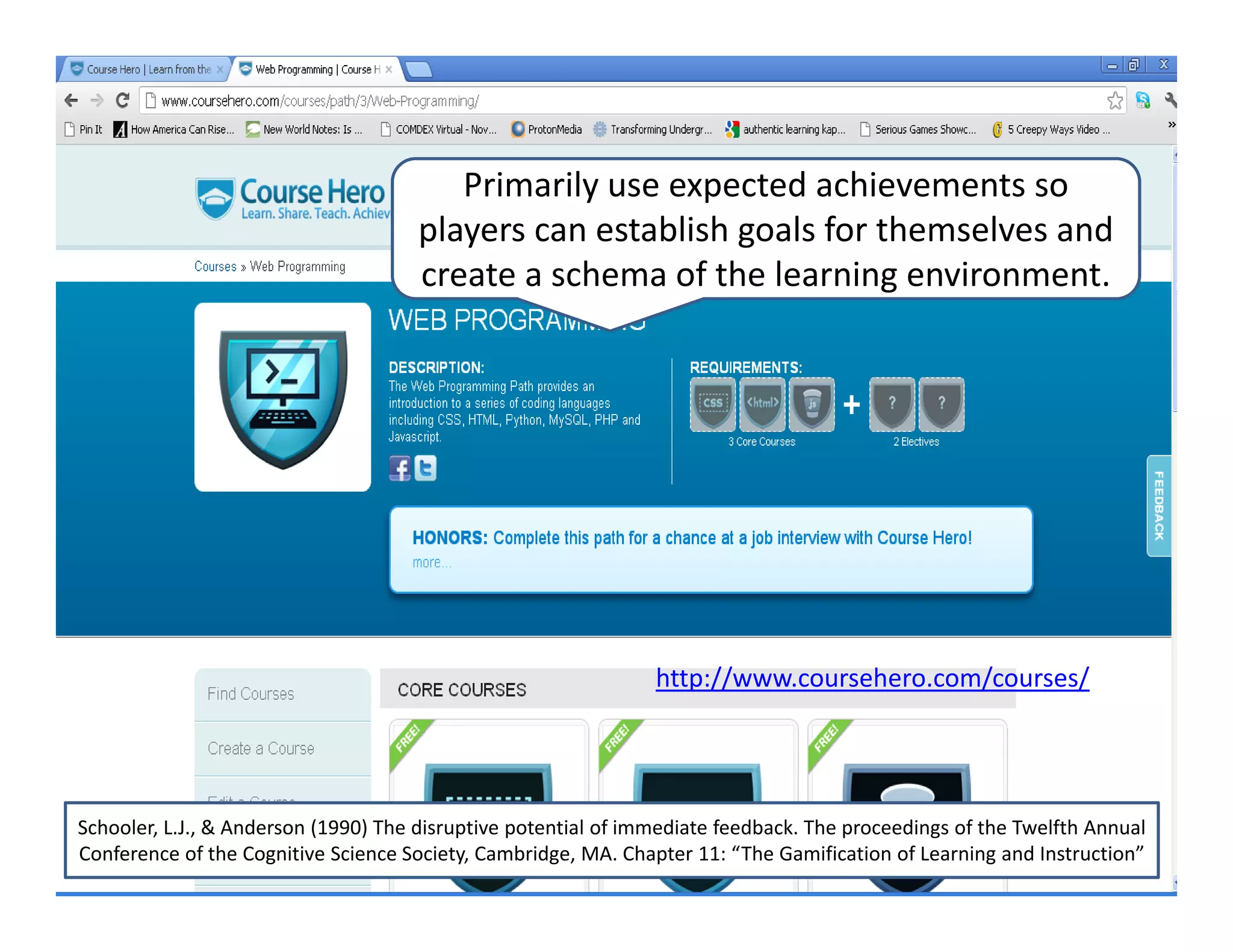 Primarily use expected achievements so 
                                      players can establish goals for themselves and 
                                      create a schema of the learning environment.  




                                                                http://www.coursehero.com/courses/




Schooler, L.J., & Anderson (1990) The disruptive potential of immediate feedback. The proceedings of the Twelfth Annual 
Conference of the Cognitive Science Society, Cambridge, MA. Chapter 11: “The Gamification of Learning and Instruction”
 