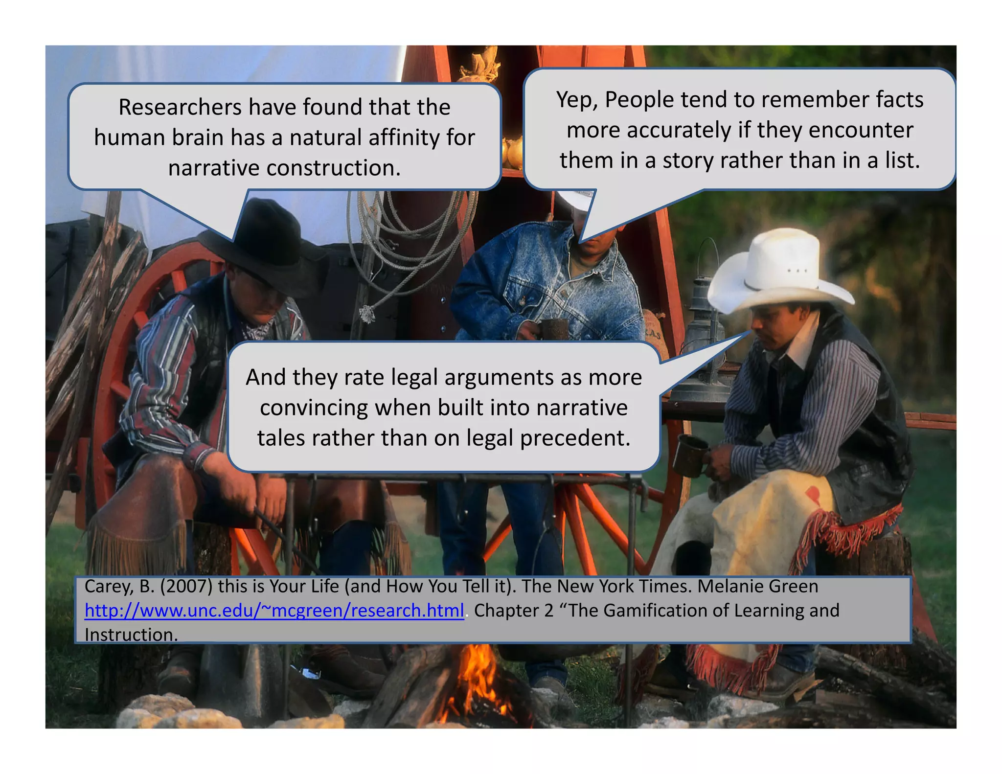 Researchers have found that the                       Yep, People tend to remember facts 
 human brain has a natural affinity for                   more accurately if they encounter 
       narrative construction.                           them in a story rather than in a list.




                   And they rate legal arguments as more 
                    convincing when built into narrative 
                    tales rather than on legal precedent.




Carey, B. (2007) this is Your Life (and How You Tell it). The New York Times. Melanie Green 
http://www.unc.edu/~mcgreen/research.html. Chapter 2 “The Gamification of Learning and 
Instruction. 
 