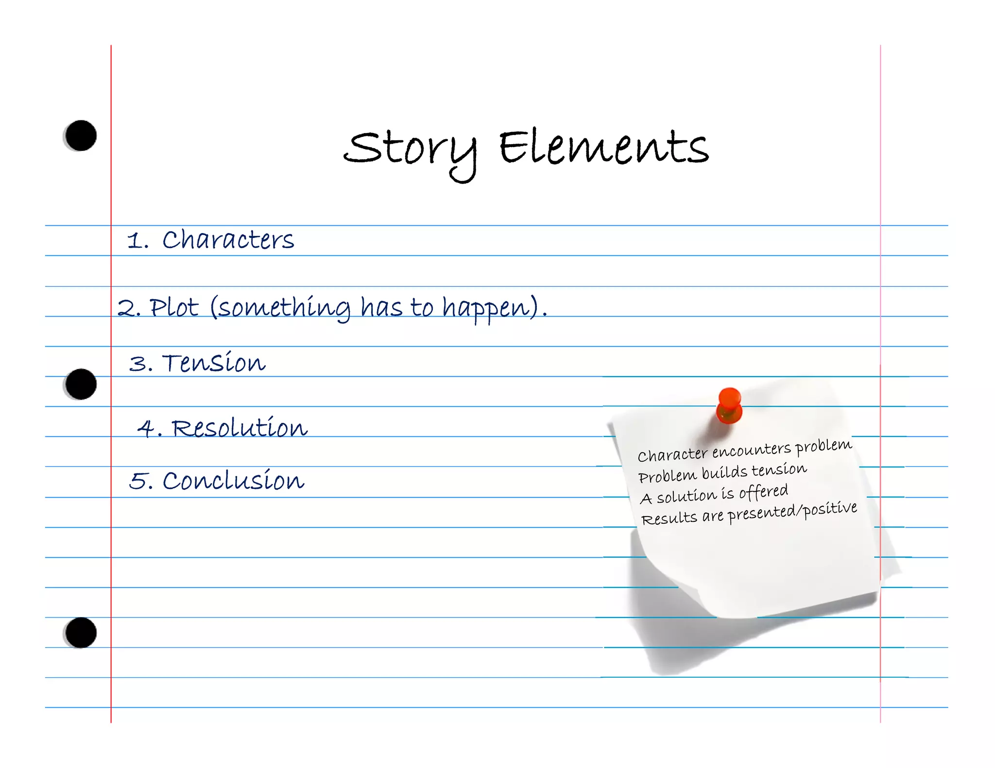 Story Elements
1. Characters

2. Plot (something has to happen).
3. Tension

 4. Resolution
5. Conclusion
 