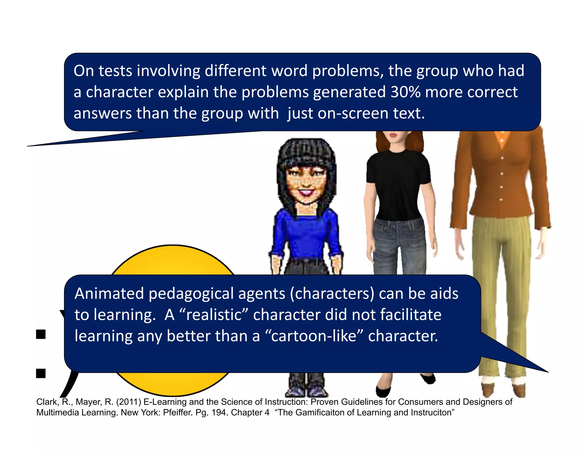 On tests involving different word problems, the group who had 
         a character explain the problems generated 30% more correct 
         answers than the group with  just on‐screen text.




         Animated pedagogical agents (characters) can be aids 
         to learning.  A “realistic” character did not facilitate 
         learning any better than a “cartoon‐like” character.


Clark, R., Mayer, R. (2011) E-Learning and the Science of Instruction: Proven Guidelines for Consumers and Designers of
Multimedia Learning. New York: Pfeiffer. Pg. 194. Chapter 4 “The Gamificaiton of Learning and Instruciton”
 
