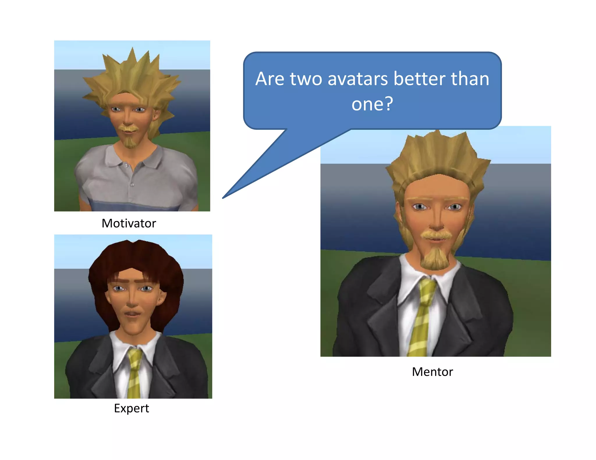 Are two avatars better than 
                      one?




Motivator




                              Mentor

  Expert
 