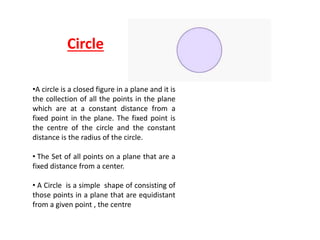 Circle
•A circle is a closed figure in a plane and it is
the collection of all the points in the plane
which are at a constant distance from a
fixed point in the plane. The fixed point is
the centre of the circle and the constant
distance is the radius of the circle.
• The Set of all points on a plane that are a
fixed distance from a center.
• A Circle is a simple shape of consisting of
those points in a plane that are equidistant
from a given point , the centre
 