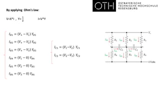 𝐼𝑅1 = 𝑉+ − 𝑉1 𝑌𝑅1
𝐼𝑅2 = 𝑉+ − 𝑉2 𝑌𝑅2
𝐼𝑅3 = 𝑉+ − 𝑉3 𝑌𝑅3
𝐼𝑅4 = 𝑉1 − 0 𝑌𝑅4
𝐼𝑅5 = 𝑉2 − 0 𝑌𝑅5
𝐼𝑅6 = 𝑉3 − 0 𝑌𝑅6
By applying Ohm's law:
V=X*I , Y=
1
𝑋
I=V*Y
𝐼𝐶1 = (𝑉1−𝑉2) 𝑌𝐶1
𝐼𝐶2 = (𝑉2−𝑉3) 𝑌𝐶2
 