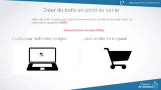 @MatinDigital #cantinenantes #ecommerce
Créer du trafic en point de vente
•Aujourd’hui le consommateur agit énormément avant sa visite en point de vente. Ce
phénomène s’appelle le ROPO
•Research Online, Purchase Offline
L’utilisateur recherche en ligne …puis achète en magasin
 