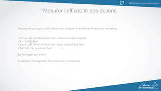 @MatinDigital #cantinenantes #ecommerce
Mesurer l’efficacité des actions
Mesurer les principaux indicateurs pour analyser et améliorer le procesus marketing
Le taux de transformation d’un visiteur en lead prospect
Le coût du lead
Le taux de transformation d’un lead prospect en client
Le Coût d’Acquisition Client
Le distinguer par leviers
Et adopter une approche Test and Learn permanente
 