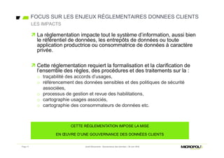 FOCUS SUR LES ENJEUX RÉGLEMENTAIRES DONNEES CLIENTS
Page 11
 La règlementation impacte tout le système d’information, aussi bien
le référentiel de données, les entrepôts de données ou toute
application productrice ou consommatrice de données à caractère
privée.
 Cette réglementation requiert la formalisation et la clarification de
l’ensemble des règles, des procédures et des traitements sur la :
o traçabilité des accords d’usages,
o référencement des données sensibles et des politiques de sécurité
associées,
o processus de gestion et revue des habilitations,
o cartographie usages associés,
o cartographie des consommateurs de données etc.
LES IMPACTS
Jeudi Découverte - Gouvernance des données – 30 Juin 2016
CETTE RÉGLEMENTATION IMPOSE LA MISE
EN ŒUVRE D’UNE GOUVERNANCE DES DONNÉES CLIENTS
CETTE RÉGLEMENTATION IMPOSE LA MISE
EN ŒUVRE D’UNE GOUVERNANCE DES DONNÉES CLIENTS
 