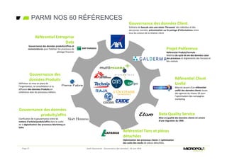 PARMI NOS 60 RÉFÉRENCES
Page 37 Jeudi Découverte - Gouvernance des données – 30 Juin 2016
Gouvernance des données Client
Scénario de bascule vers une vision ‘Personne’ des individus et des
personnes morales, préconisation sur le partage d’informations entre
tous les acteurs de la relation client
Projet Préference
Référentiel Produit/Formule :
Maitrise du cycle de vie des données cœur
des processus et alignements des forcasts et
des réalisés.
Gouvernance des données
produits/offre
Clarification de la gouvernance entre les
notions d’article/produit/offre dans le cadre
de la digitalisation des processus Marketing et
Sales
Référentiel Tiers et pièces
détachées
Optimisation des processus clients et optimisation
des coûts des stocks de pièces détachées.
Data Quality Service
Mise en qualité des données clients en amont
d’une migration du CRM.
Référentiel Entreprise
Data
Gouvernance des données produits/offres et
nomenclatures pour fiabiliser les processus de
pilotage financier
Gouvernance des
données Produits
Définition et mise en place de
l’organisation, la consolidation et la
diffusion des données Produits en
cohérence avec les processus métiers
Référentiel Client
Unifié
Mise en œuvre d’un référentiel
unifié des données clients issues
des agences du réseau SA pour
l’optimisation des campagnes
marketing
 