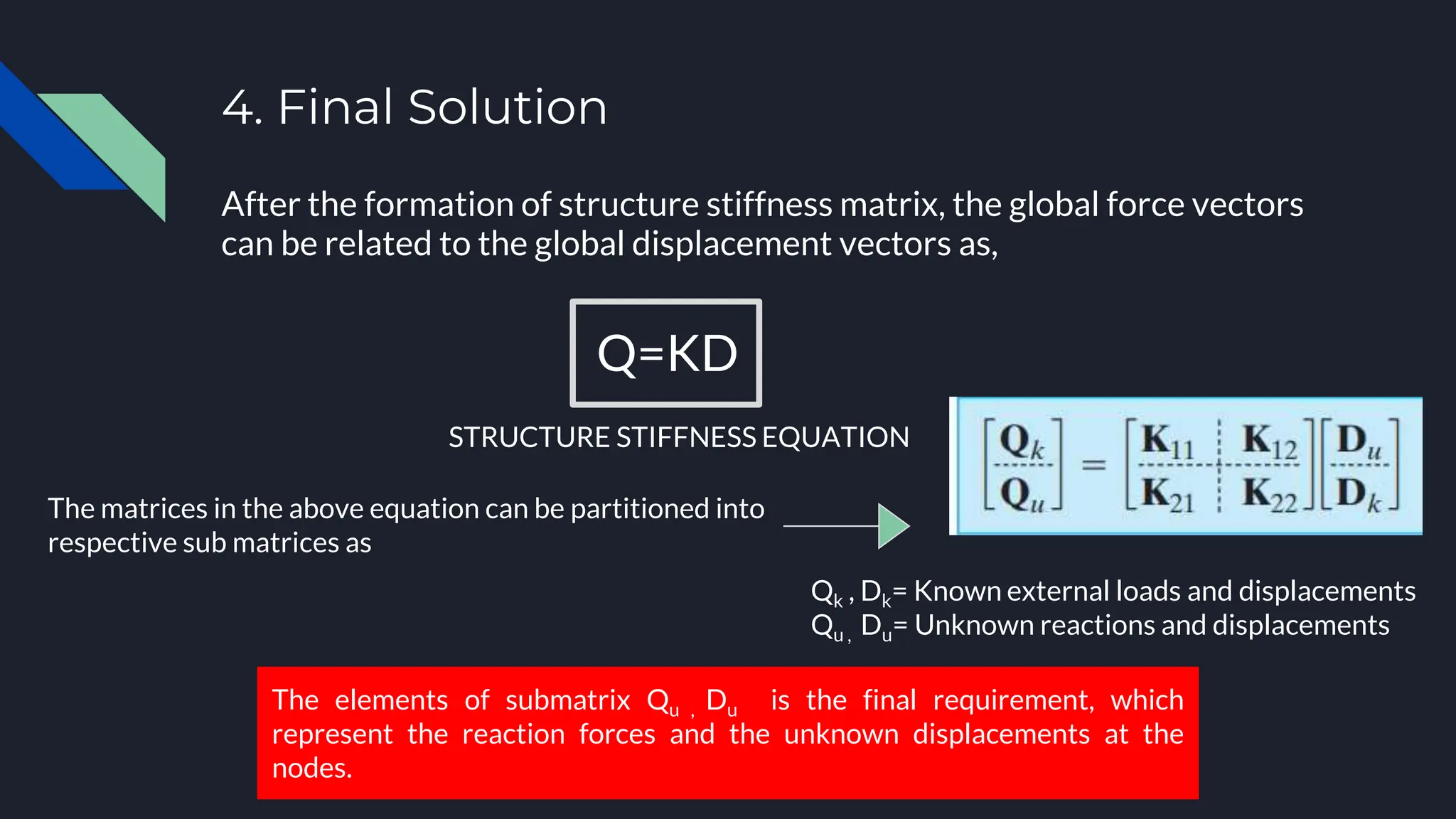 4. Final Solution
After the formation of structure stiffness matrix, the global force vectors
can be related to the global displacement vectors as,
Q=KD
STRUCTURE STIFFNESS EQUATION
The matrices in the above equation can be partitioned into
respective sub matrices as
Qk , Dk= Known external loads and displacements
Qu , Du= Unknown reactions and displacements
The elements of submatrix Qu , Du is the final requirement, which
represent the reaction forces and the unknown displacements at the
nodes.
 