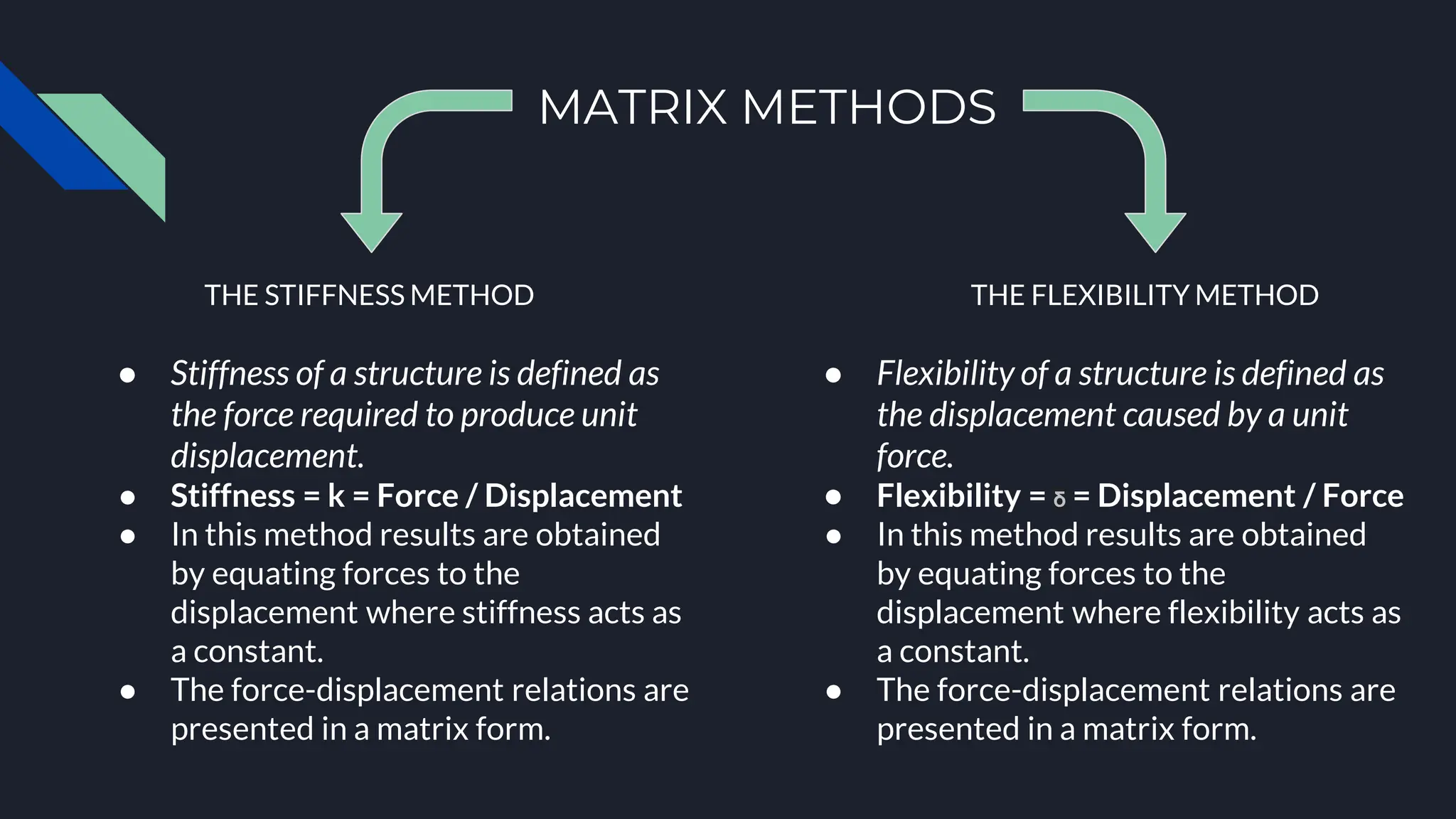 MATRIX METHODS
THE STIFFNESS METHOD THE FLEXIBILITY METHOD
● Stiffness of a structure is defined as
the force required to produce unit
displacement.
● Stiffness = k = Force / Displacement
● In this method results are obtained
by equating forces to the
displacement where stiffness acts as
a constant.
● The force-displacement relations are
presented in a matrix form.
● Flexibility of a structure is defined as
the displacement caused by a unit
force.
● Flexibility = δ = Displacement / Force
● In this method results are obtained
by equating forces to the
displacement where flexibility acts as
a constant.
● The force-displacement relations are
presented in a matrix form.
 