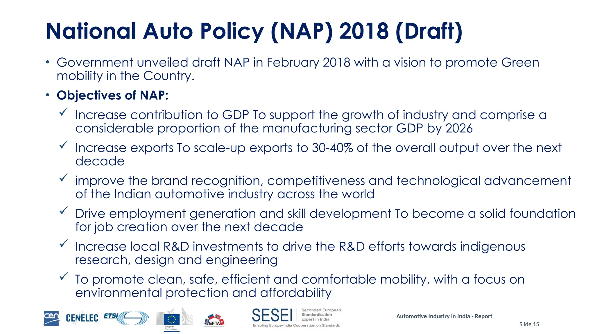 Automotive Industry in India - Report
Slide 15
National Auto Policy (NAP) 2018 (Draft)
• Government unveiled draft NAP in February 2018 with a vision to promote Green
mobility in the Country.
• Objectives of NAP:
 Increase contribution to GDP To support the growth of industry and comprise a
considerable proportion of the manufacturing sector GDP by 2026
 Increase exports To scale-up exports to 30-40% of the overall output over the next
decade
 improve the brand recognition, competitiveness and technological advancement
of the Indian automotive industry across the world
 Drive employment generation and skill development To become a solid foundation
for job creation over the next decade
 Increase local R&D investments to drive the R&D efforts towards indigenous
research, design and engineering
 To promote clean, safe, efficient and comfortable mobility, with a focus on
environmental protection and affordability
 