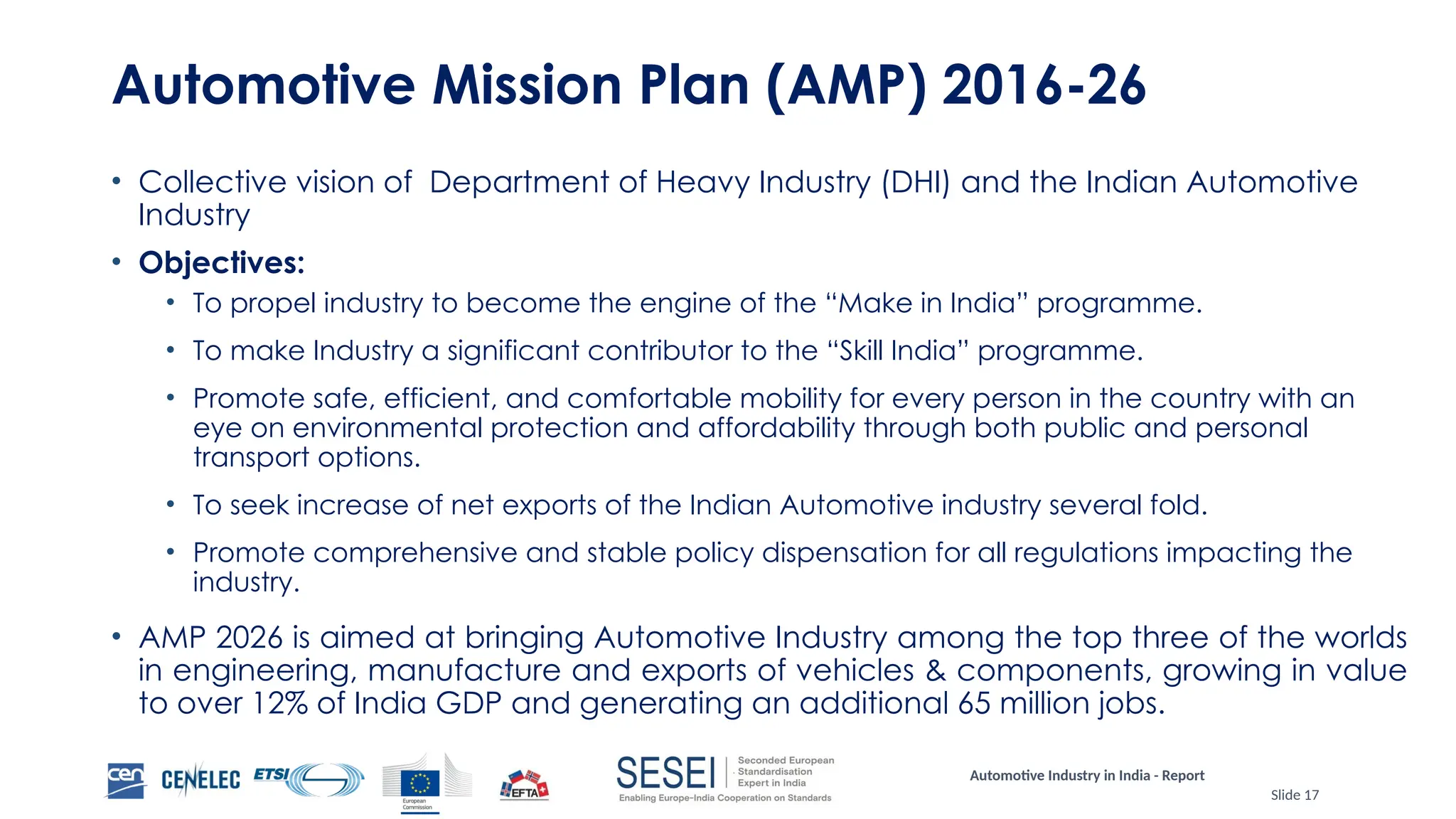 Automotive Industry in India - Report
Slide 17
Automotive Mission Plan (AMP) 2016-26
• Collective vision of Department of Heavy Industry (DHI) and the Indian Automotive
Industry
• Objectives:
• To propel industry to become the engine of the “Make in India” programme.
• To make Industry a significant contributor to the “Skill India” programme.
• Promote safe, efficient, and comfortable mobility for every person in the country with an
eye on environmental protection and affordability through both public and personal
transport options.
• To seek increase of net exports of the Indian Automotive industry several fold.
• Promote comprehensive and stable policy dispensation for all regulations impacting the
industry.
• AMP 2026 is aimed at bringing Automotive Industry among the top three of the worlds
in engineering, manufacture and exports of vehicles & components, growing in value
to over 12% of India GDP and generating an additional 65 million jobs.
 