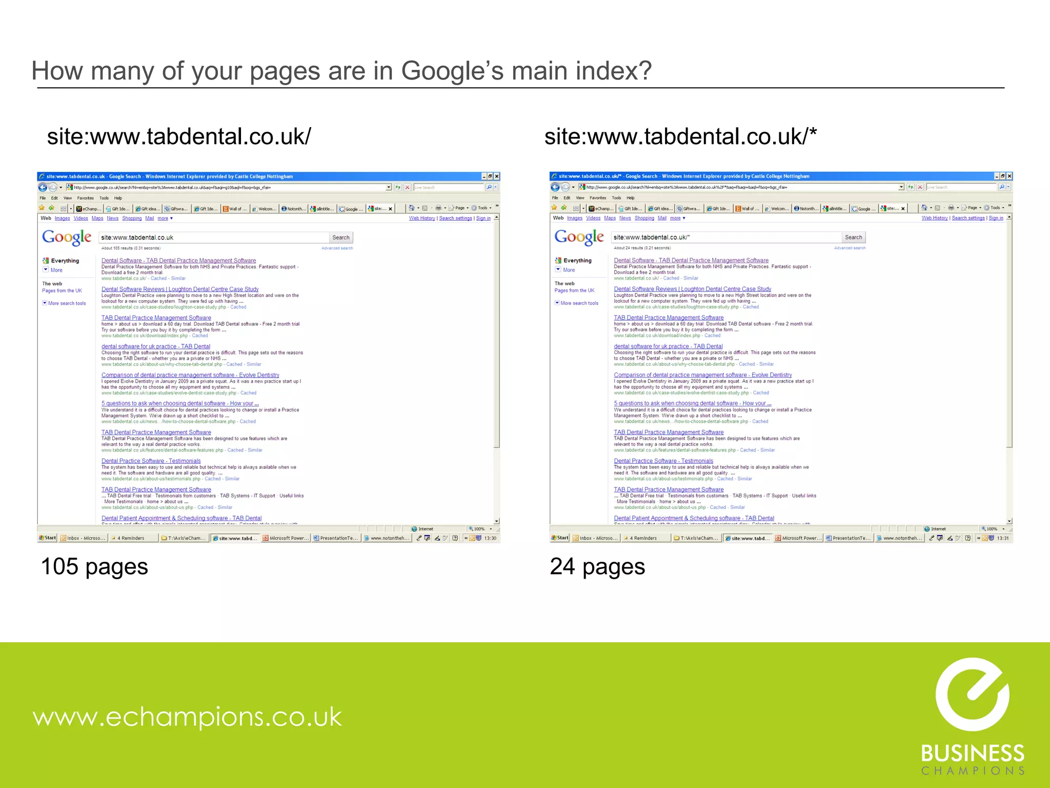 www.echampions.co.uk How many of your pages are in Google’s main index?   site:www.tabdental.co.uk/  site:www.tabdental.co.uk/* 105 pages  24 pages 