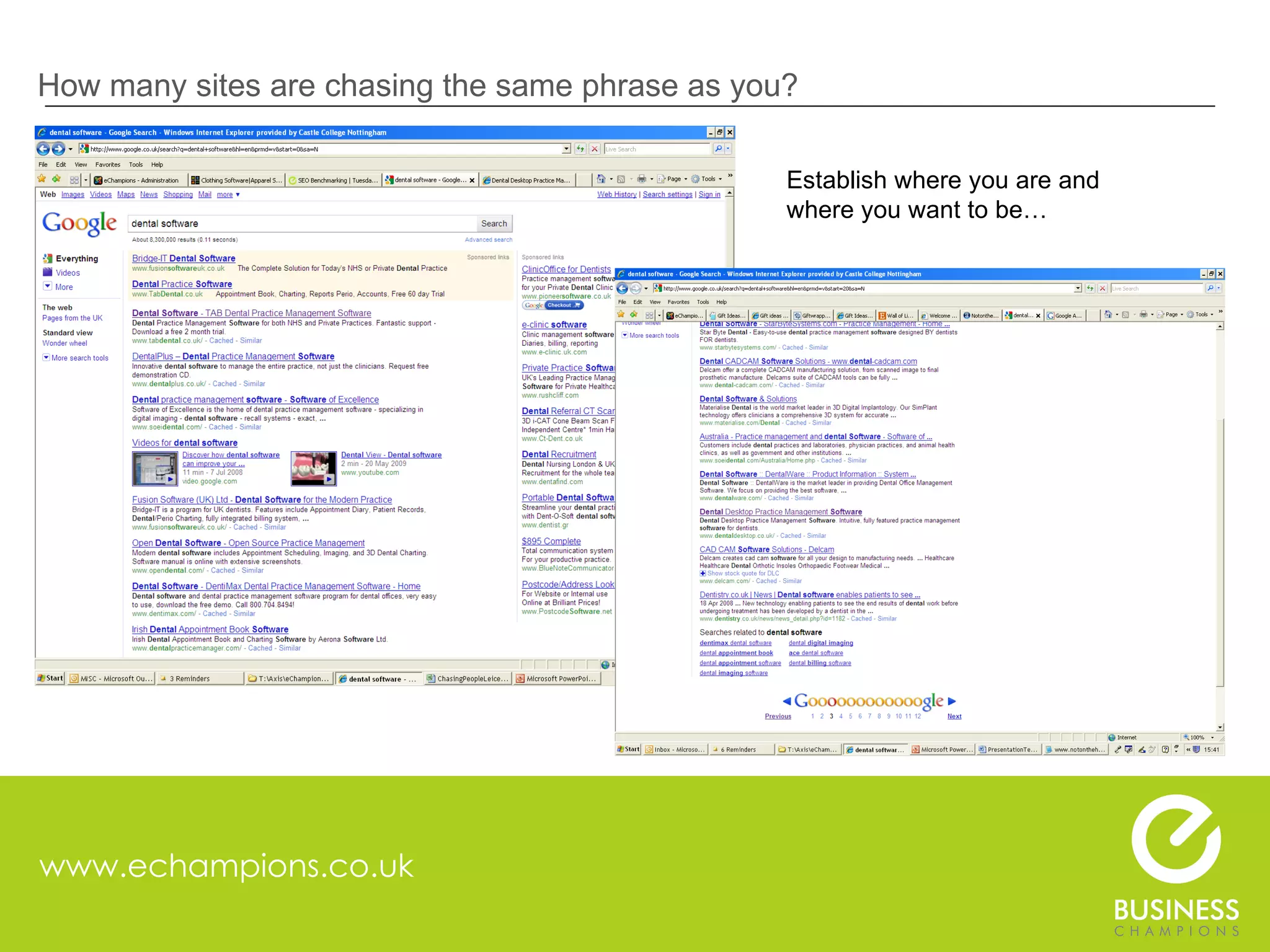 www.echampions.co.uk How many sites are chasing the same phrase as you? Establish where you are and where you want to be… 