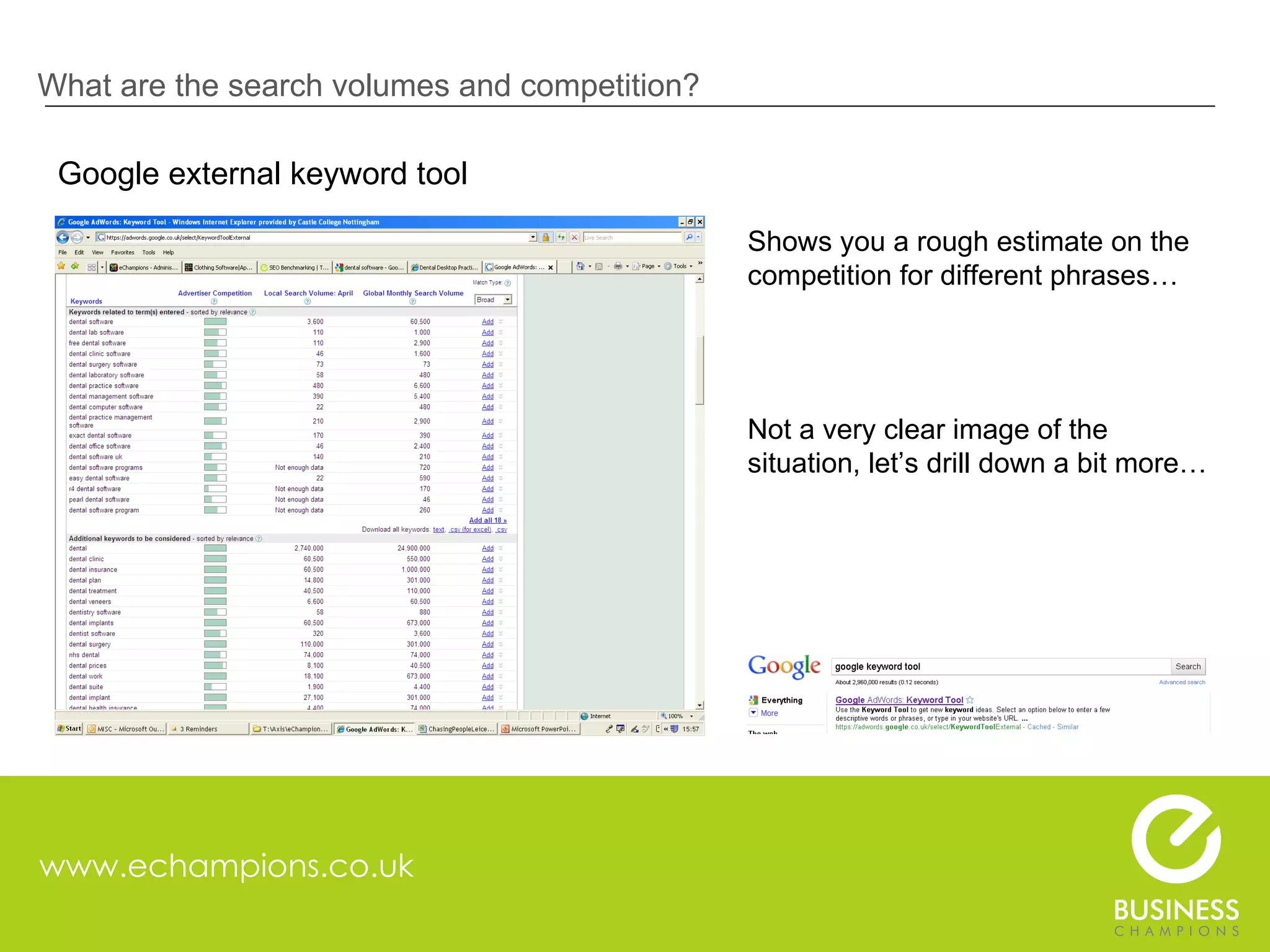 www.echampions.co.uk What are the search volumes and competition? Google external keyword tool Shows you a rough estimate on the competition for different phrases… Not a very clear image of the situation, let’s drill down a bit more… 