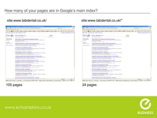 www.echampions.co.uk How many of your pages are in Google’s main index?   site:www.tabdental.co.uk/  site:www.tabdental.co.uk/* 105 pages  24 pages 