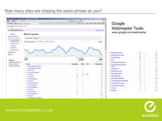 www.echampions.co.uk How many sites are chasing the same phrase as you? Google Webmaster Tools www.google.com/webmaster 