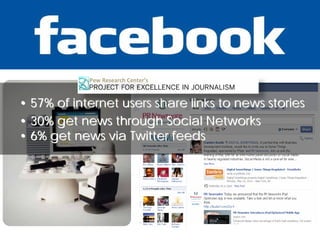 Pew Research Center’s


• 57% of internet users share links to news stories
• 30% get news through Social Networks
• 6% get news via Twitter feeds
 