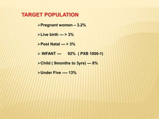 TARGET POPULATION
Pregnant women – 3.2%
Live birth --- > 3%
Post Natal --- > 3%
 INFANT --- 92% ( PXB 1000-1)
Child ( 9months to 3yrs) --- 8%
Under Five ---- 13%
 