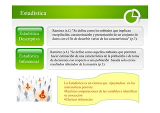 Estadística
Estadística
Inferencial
Ramirez (s.f.) "Se define como aquellos métodos que permiten
hacer estimación de una característica de la población o de toma
de decisiones con respecto a una población basada solo en los
resultados obtenidos de la muestra (p.3).
Estadística
Descriptiva
Ramirez (s.f.) "Se define como los métodos que implican
recopilación, caracterización y presentación de un conjunto de
datos con el fin de describir varias de las características" (p.3).
La Estadística es un ciencia que apoyándose en las
matemáticas permite:
•Realizar comparaciones de las variables e identificar
su asociación
•Efectuar inferencias
 