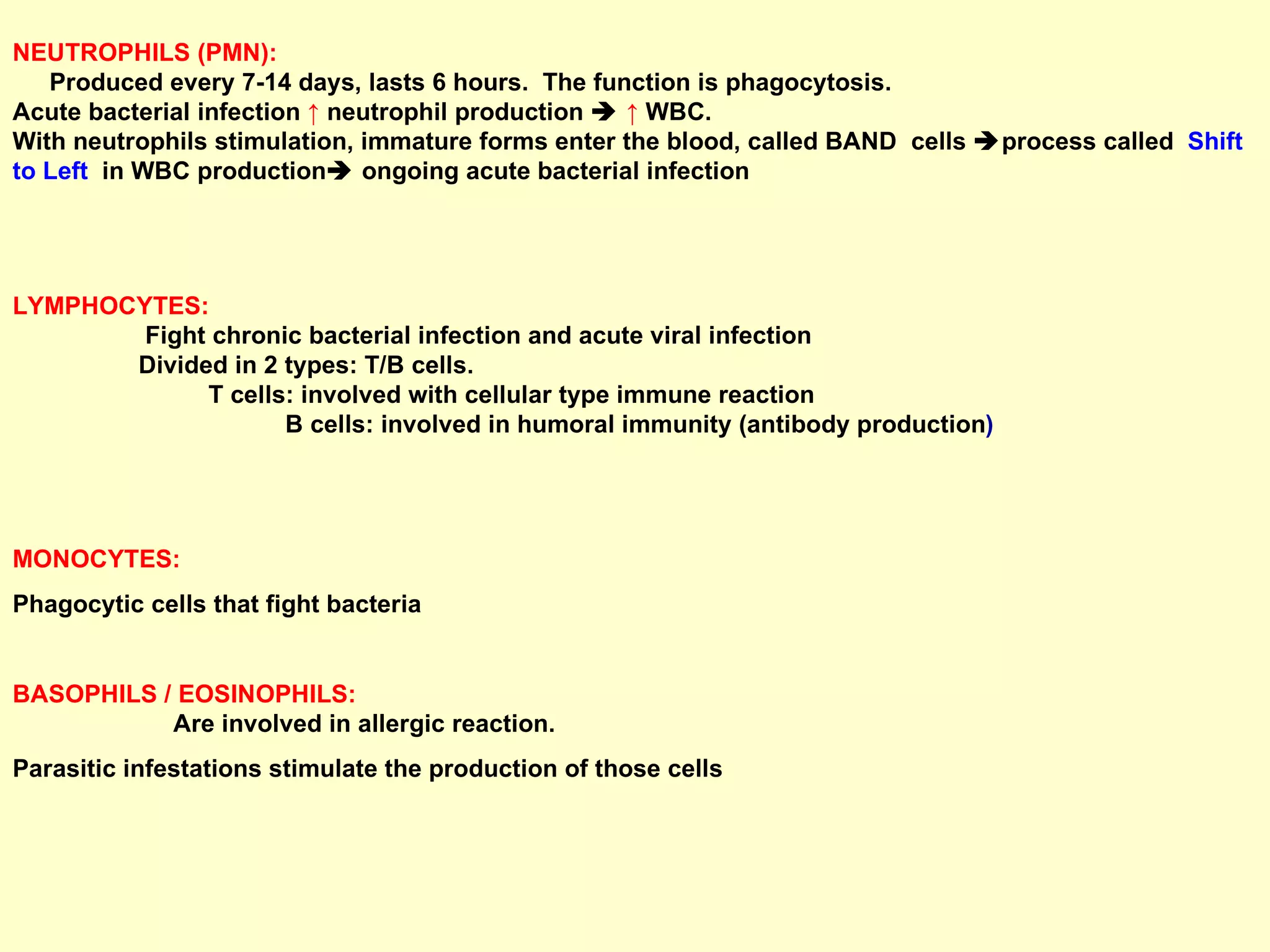 NEUTROPHILS (PMN):   Produced every 7-14 days, lasts 6 hours.  The function is phagocytosis.  Acute bacterial infection  ↑  neutrophil production     ↑   WBC.  With neutrophils stimulation, immature forms enter the blood, called BAND  cells   process called  Shift to Left   in WBC production   ongoing acute bacterial infection LYMPHOCYTES:   Fight chronic bacterial infection and acute viral infection  Divided in 2 types: T/B cells.  T cells: involved with cellular type immune reaction  B cells: involved in humoral immunity (antibody production ) MONOCYTES:   Phagocytic cells that fight bacteria BASOPHILS / EOSINOPHILS:   Are involved in allergic reaction.  Parasitic infestations stimulate the production of those cells 
