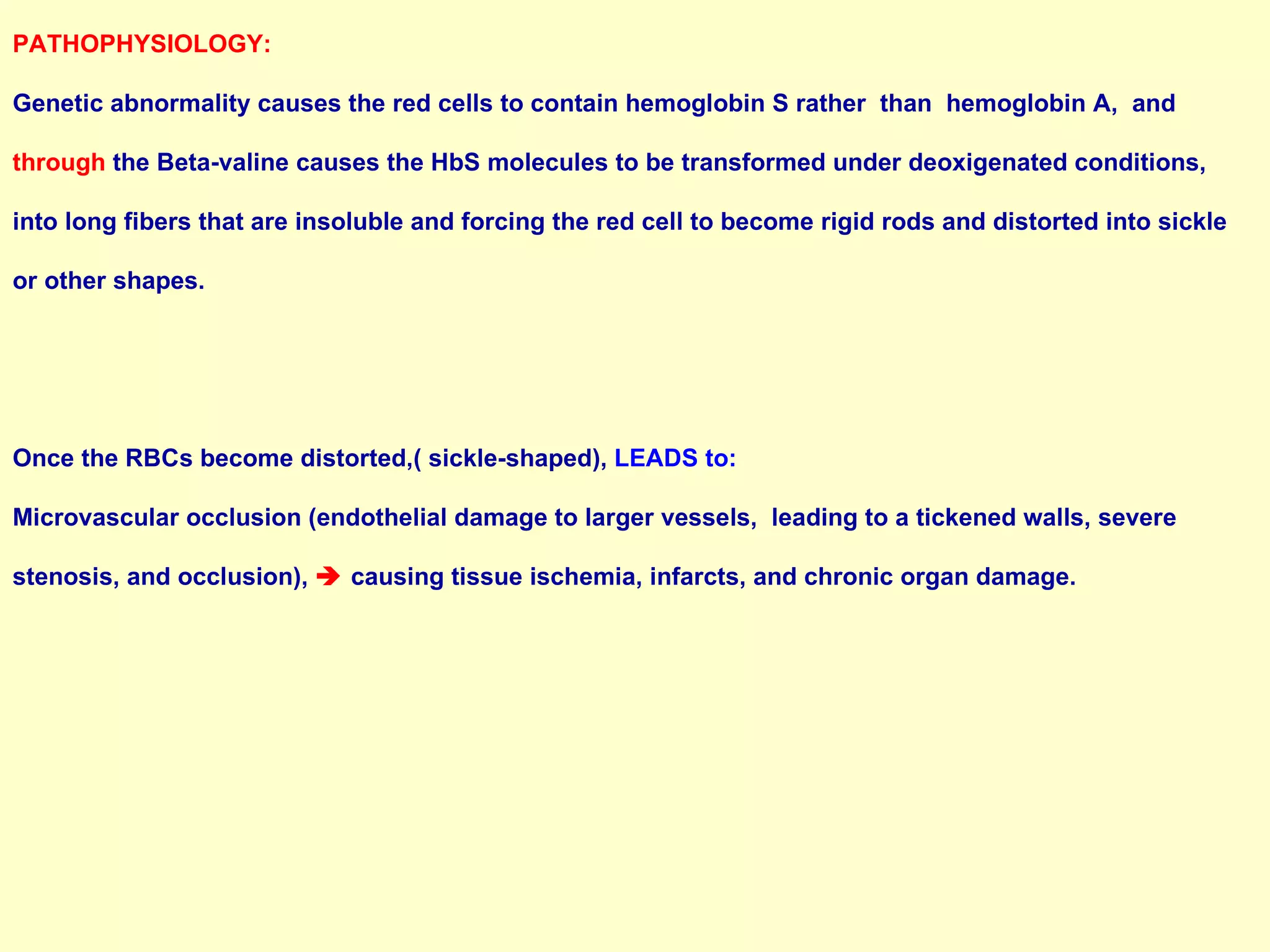 PATHOPHYSIOLOGY: Genetic abnormality causes the red cells to contain hemoglobin S rather  than  hemoglobin A,  and  through  the Beta-valine causes the HbS molecules to be transformed under deoxigenated conditions,  into long fibers that are insoluble and forcing the red cell to become rigid rods and distorted into sickle  or other shapes.  Once the RBCs become distorted,( sickle-shaped),  LEADS to:  Microvascular occlusion (endothelial damage to larger vessels,  leading to a tickened walls, severe  stenosis, and occlusion),     causing tissue ischemia, infarcts, and chronic organ damage.  