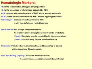 Hematologic Markers: Hb:  Is the concentration of oxygen carrying protein. Ht:   Is the percentage of whole blood occupied by RBC MCV:  measure average volume/size of RBC. Micro, Normo, Macrocytic MCHC:  measure amount of Hb in the RBC.  Normo, Hypo/Hyperchromic Reticulocytes:  Measure circulating immature RBC.  ↓   with  iron deficiency.  ↑   with blood loss Serum Ferritin:  is a storage compound for iron.  As total iron stores are depleted, Serum ferritin levels falls. ↑  levels:  Hemolytic anemia, megaloblastic, hemochromatosis ↓  levels:  Iron deficiency, Severe protein deficiency Transferrin:  Iron absorbed in small intestine, and transported to plasma  will be bound to a Globulin protein  Total Iron Binding Capacity:  Measures transferrin levels:  ↑   serum iron concentration.  ↓ malnutrition, infection  