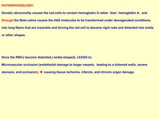 PATHOPHYSIOLOGY: Genetic abnormality causes the red cells to contain hemoglobin S rather  than  hemoglobin A,  and  through  the Beta-valine causes the HbS molecules to be transformed under deoxigenated conditions,  into long fibers that are insoluble and forcing the red cell to become rigid rods and distorted into sickle  or other shapes.  Once the RBCs become distorted,( sickle-shaped),  LEADS to:  Microvascular occlusion (endothelial damage to larger vessels,  leading to a tickened walls, severe  stenosis, and occlusion),     causing tissue ischemia, infarcts, and chronic organ damage.  