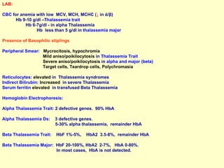 LAB:  CBC  for anemia with low  MCV, MCH, MCHC ( ↓   in  ά / β )  Hb 9-10 g/dl – Thalassemia trait  Hb 6-7g/dl - in alpha Thalassemia  Hb  less than 5 g/dl in  thalassemia major  Presence of Basophilic stiplings Peripheral Smear:   Mycrocitosis, hypochromia   Mild aniso/poikilocytosis  in  Thalassemia Trait Severe aniso/poikilocytosis  in  alpha and major (beta) Target cells, Teardrop cells, Polychromasia   Reticulocytes:   elevated  in  Thalassemia syndromes Indirect Bilirubin:   Increased   in severe Thalassemia Serum ferritin   elevated   in transfused Beta Thalassemia Hemoglobin Electrophoresis: Alpha Thalassemia Trait : 2 defective genes.  90% HbA Alpha Thalassemia Ds:  3 defective genes.  5-30% alpha thalassemia,  remainder HbA Beta Thalassemia Trait:  HbF 1%-5%,  HbA2  3.5-8%,  remainder HbA Beta Thalassemia Major:  HbF 20-100%, HbA2  2-7%,  HbA 0-80%.  In most cases,  HbA is not detected. 