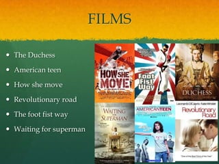 FILMS

 The Duchess

 American teen

 How she move

 Revolutionary road

 The foot fist way

 Waiting for superman
 